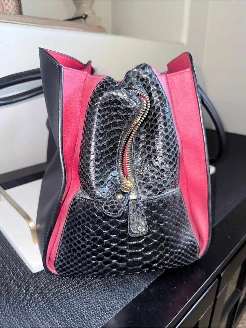 Authentic Salvatore Ferragamo Vintage Black Embossed Leather Large Bag
